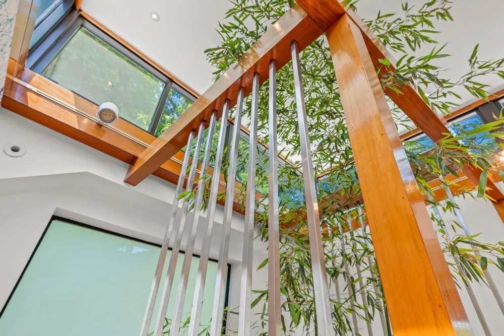 A sculptural staircase at Modern architectural home